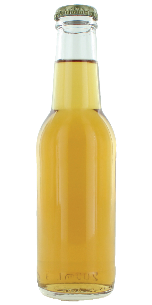 Amber colored beverage in a glass bottle