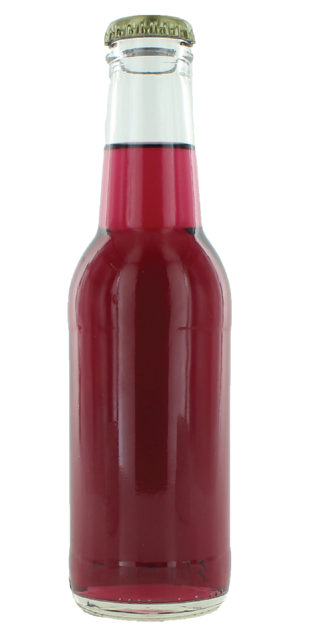 Purple colored beverage in a glass bottle