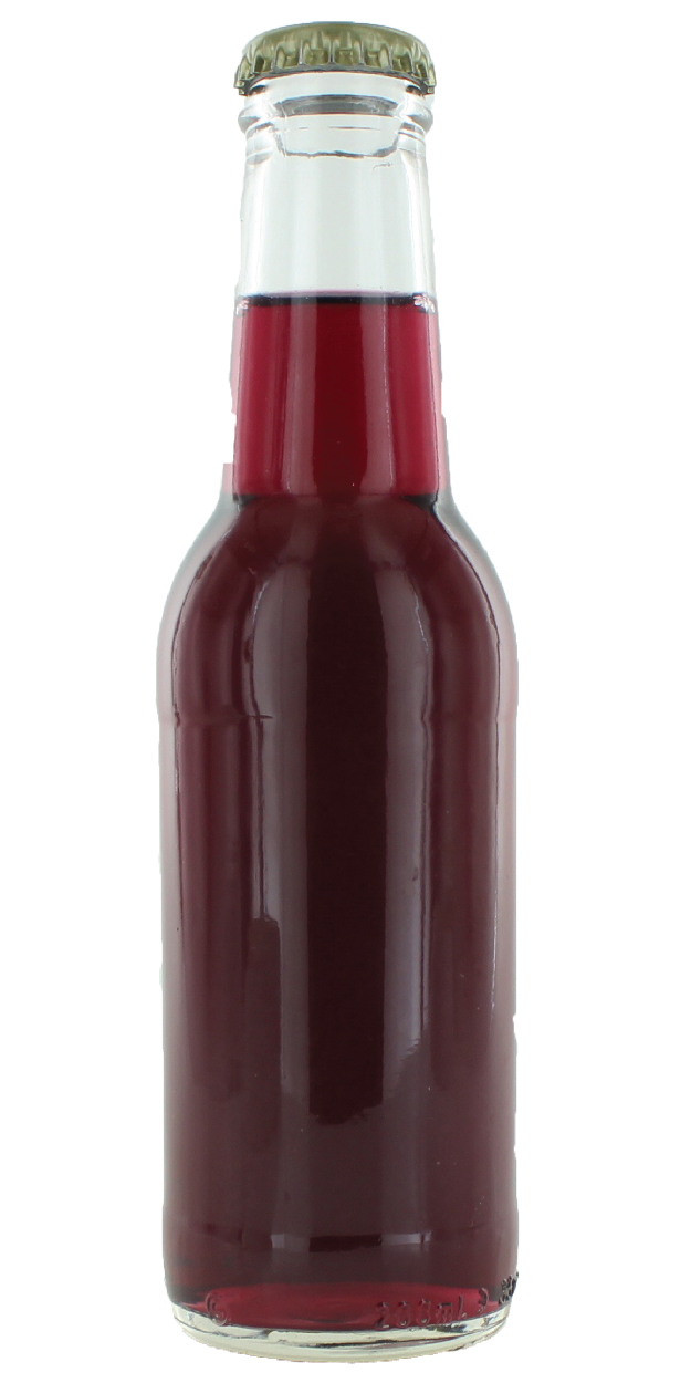 Purple colored beverage in a glass bottle