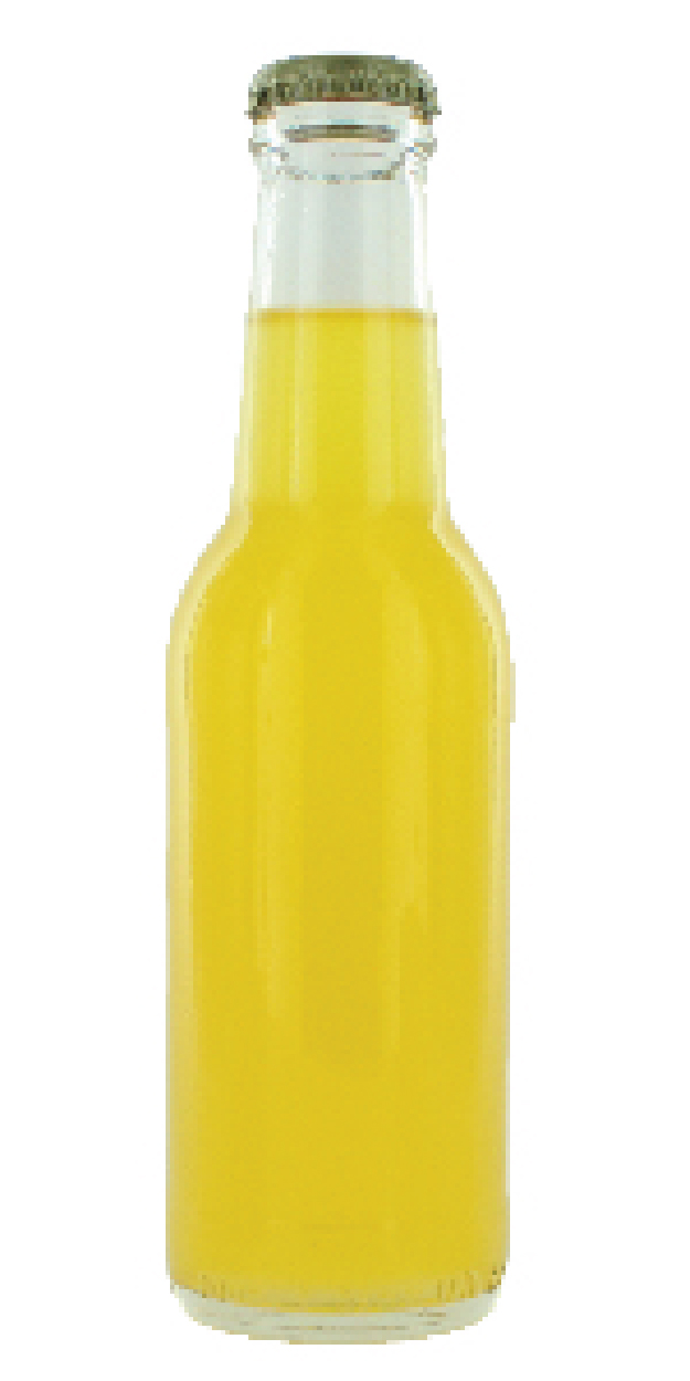 Yellow colored beverage in a glass bottle