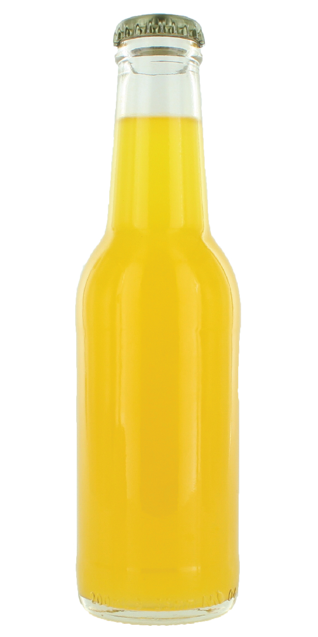 Yellow colored beverage in a glass bottle