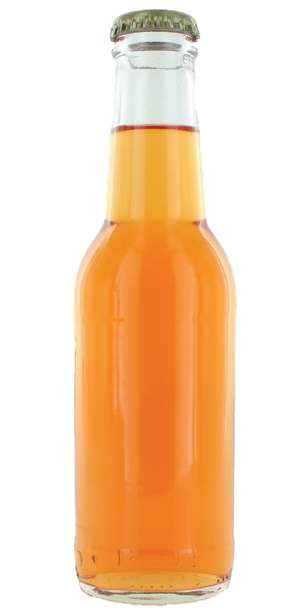 Orange colored beverage in a glass bottle