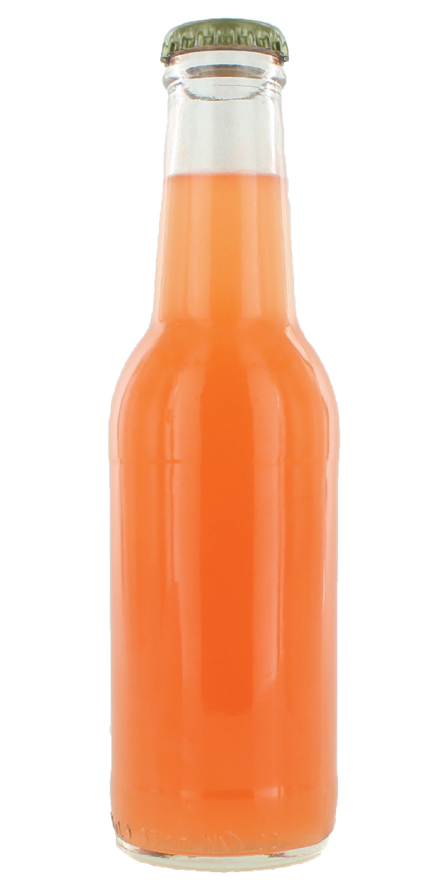 Orange colored beverage in a glass bottle