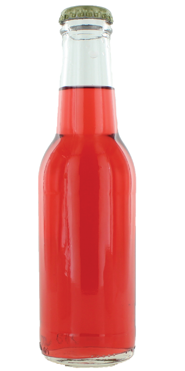 Red colored beverage in a glass bottle