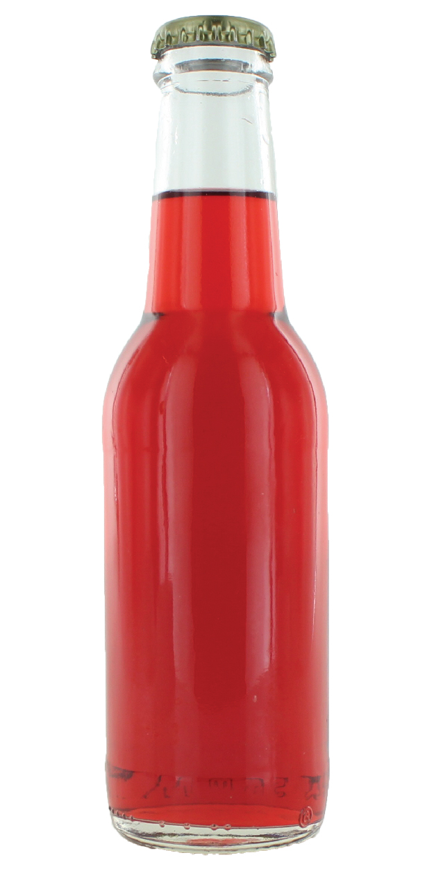 Strawberry red colored beverage in a glass bottle