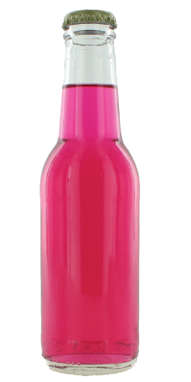 Pink colored beverage in a glass bottle